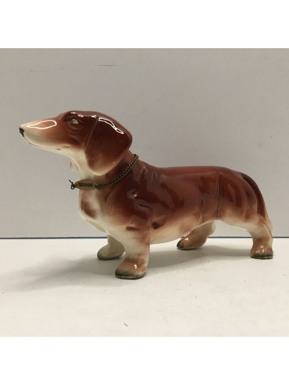 Ceramic Dachshund Dog Hand Painted Figurine Red Brown Collar Chain Japan
